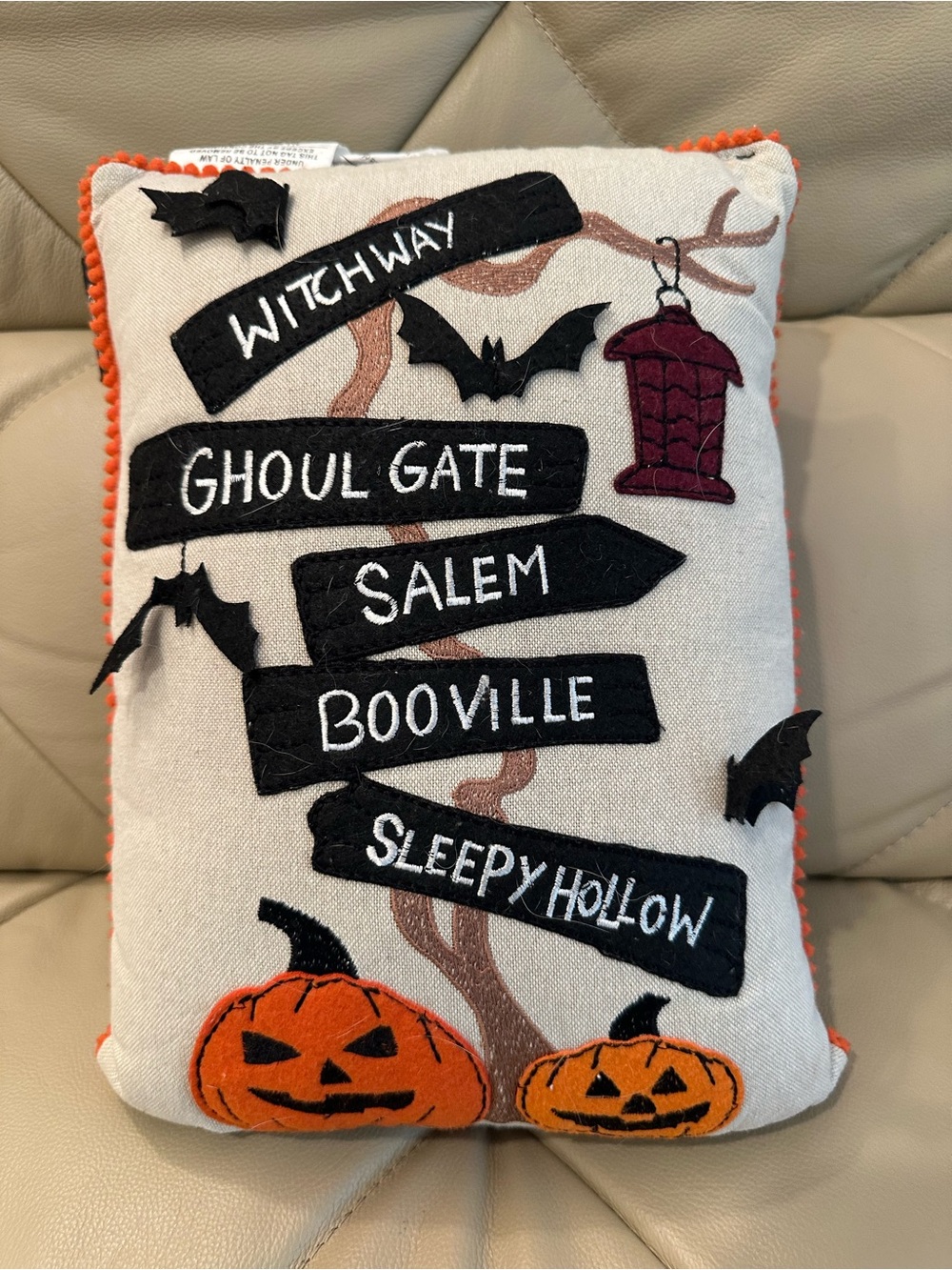 Halloween Signpost Pillow with Pumpkins Witch Crafters 10”x14” Sleepy Hollow